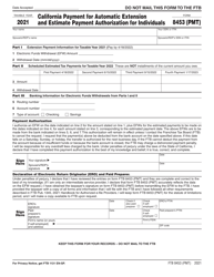 Document preview: Form FTB8453 (PMT) California Payment for Automatic Extension and Estimate Payment Authorization for Individuals - California, 2021