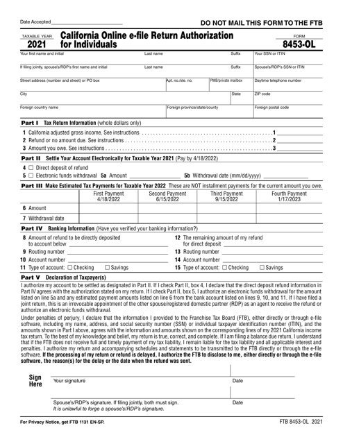 Form FTB8453-OL California Online E-File Return Authorization for Individuals - California, 2021