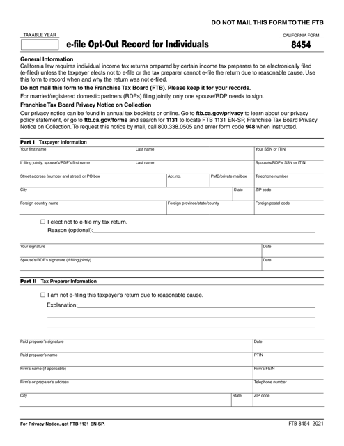 Form FTB8454 E-File Opt-Out Record for Individuals - California