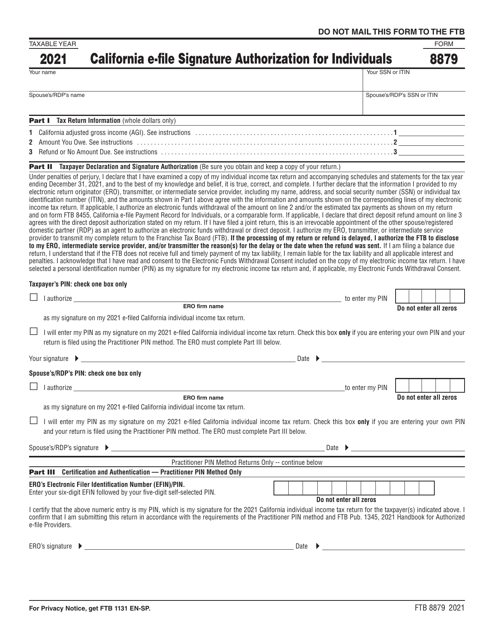 Form FTB8879 California E-File Signature Authorization for Individuals - California, 2021