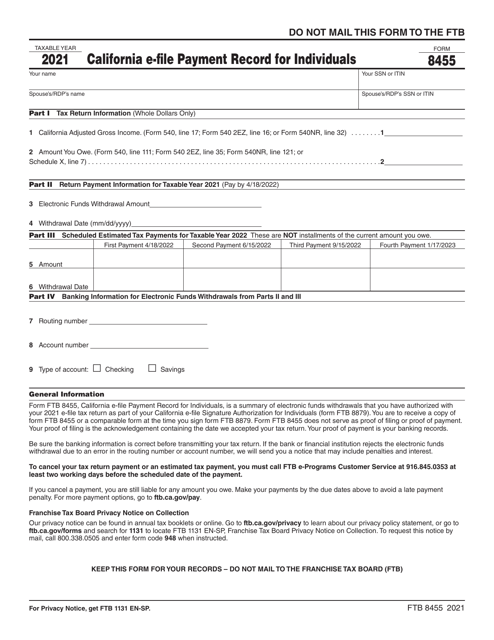 Form FTB8455 California E-File Payment Record for Individuals - California, 2021