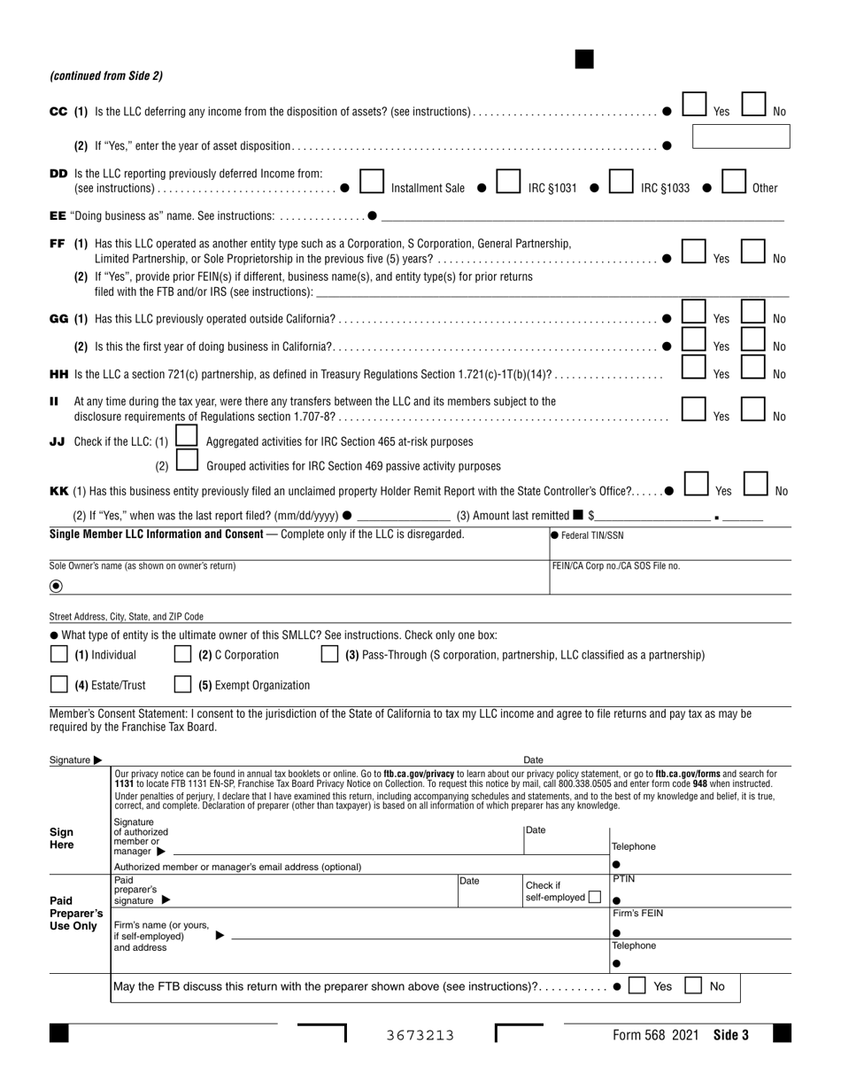 Form 568 Limited Liability Company Return of Income - California, Page 3
