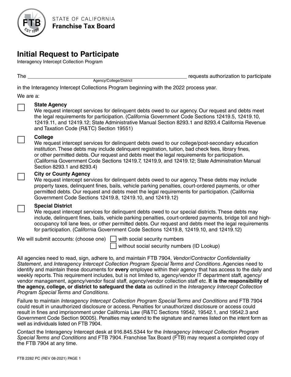 Form FTB2282 PC Initial Request to Participate - California, Page 1