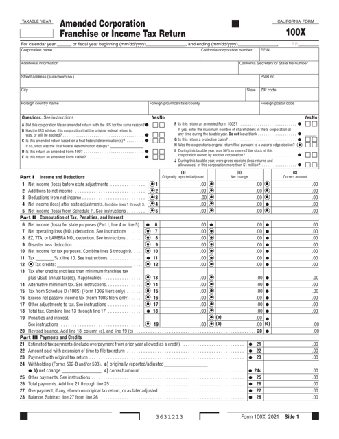 Form FTB100X Amended Corporation Franchise or Income Tax Return - California, 2021