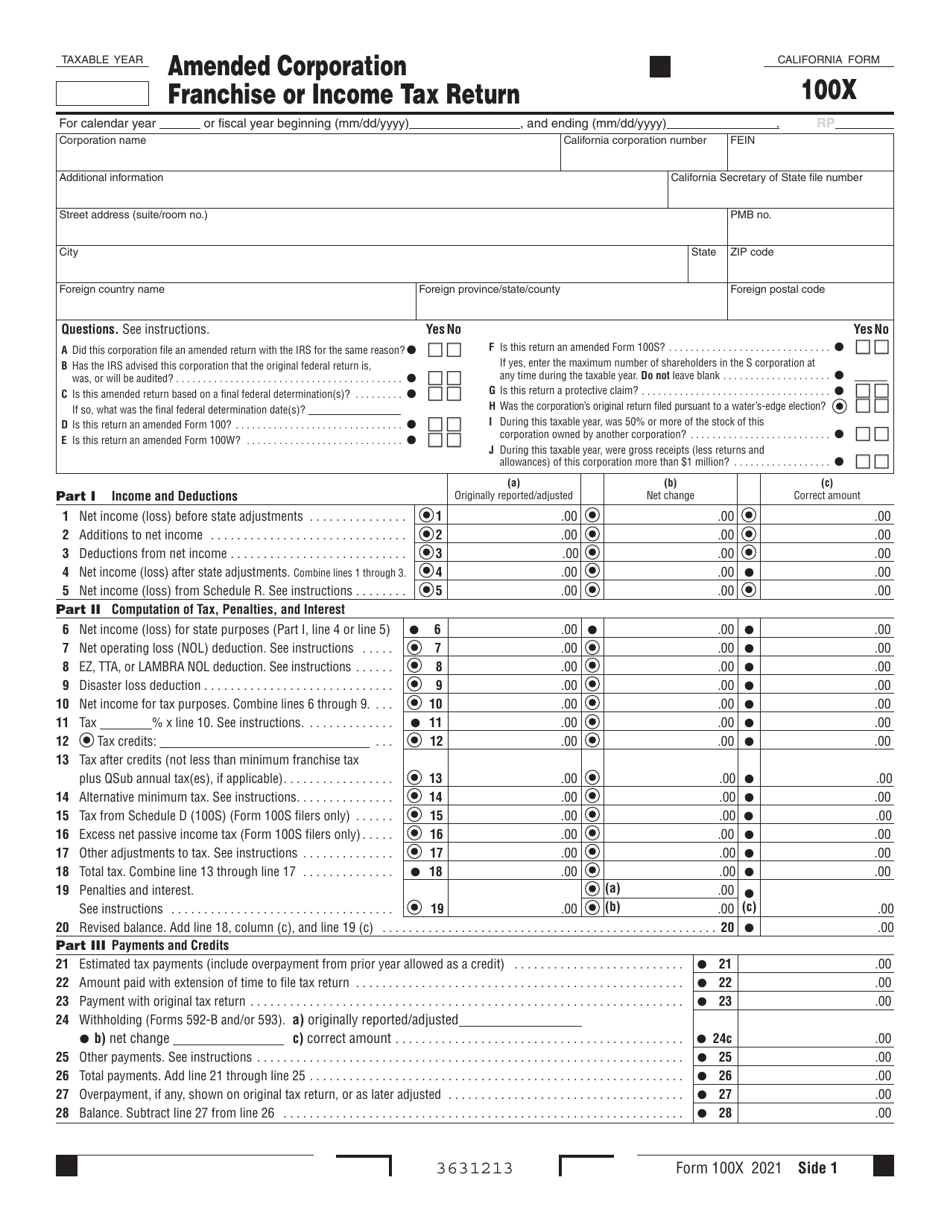 Form FTB100X Amended Corporation Franchise or Income Tax Return - California, Page 1