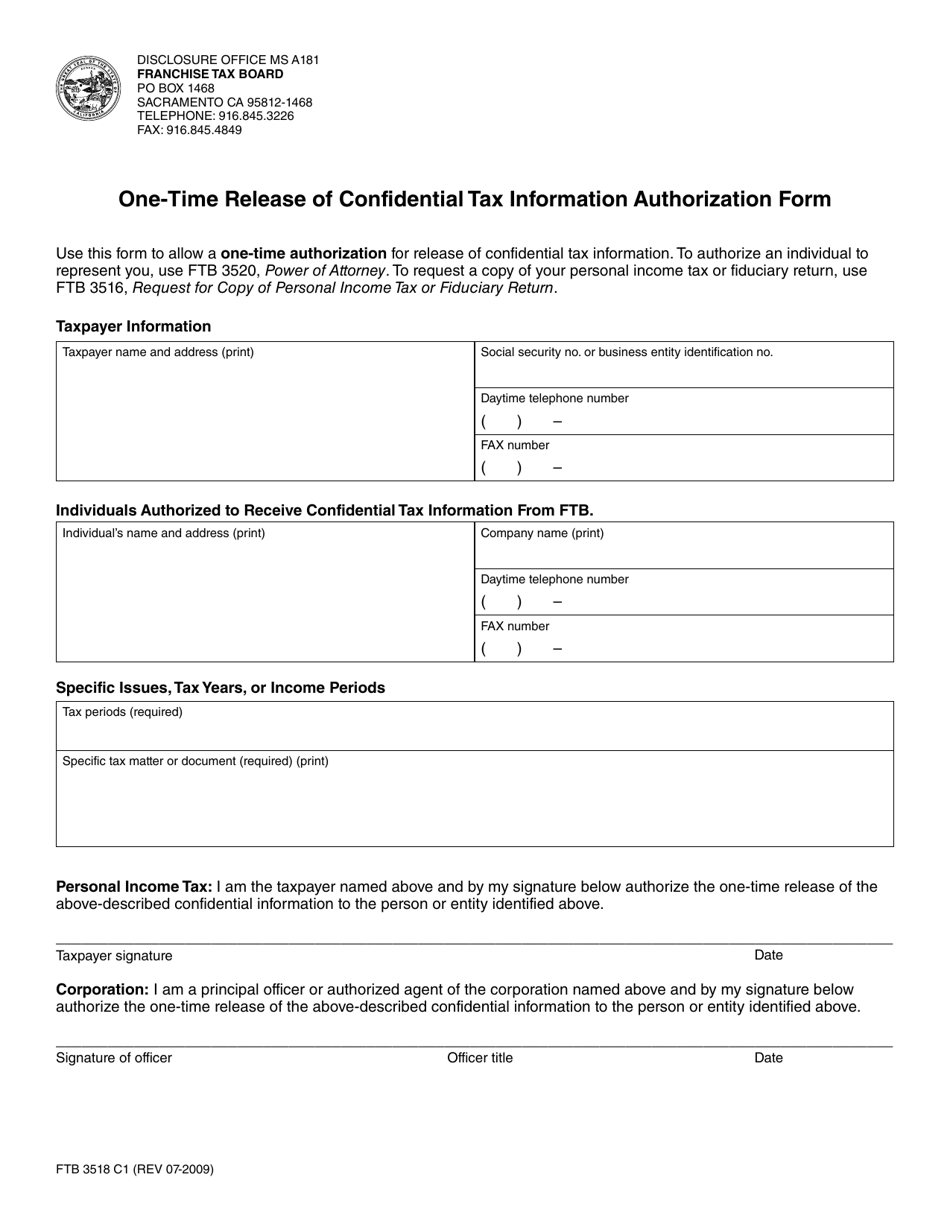 Form FTB3518 One-Time Release of Confidential Tax Information Authorization Form - California, Page 1