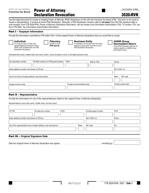 Form FTB3520-RVK 2021 Printable Pdf
