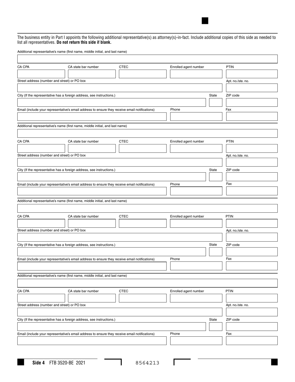 Form FTB3520-BE Business Entity or Group Nonresident Power of Attorney Declaration - California, Page 4