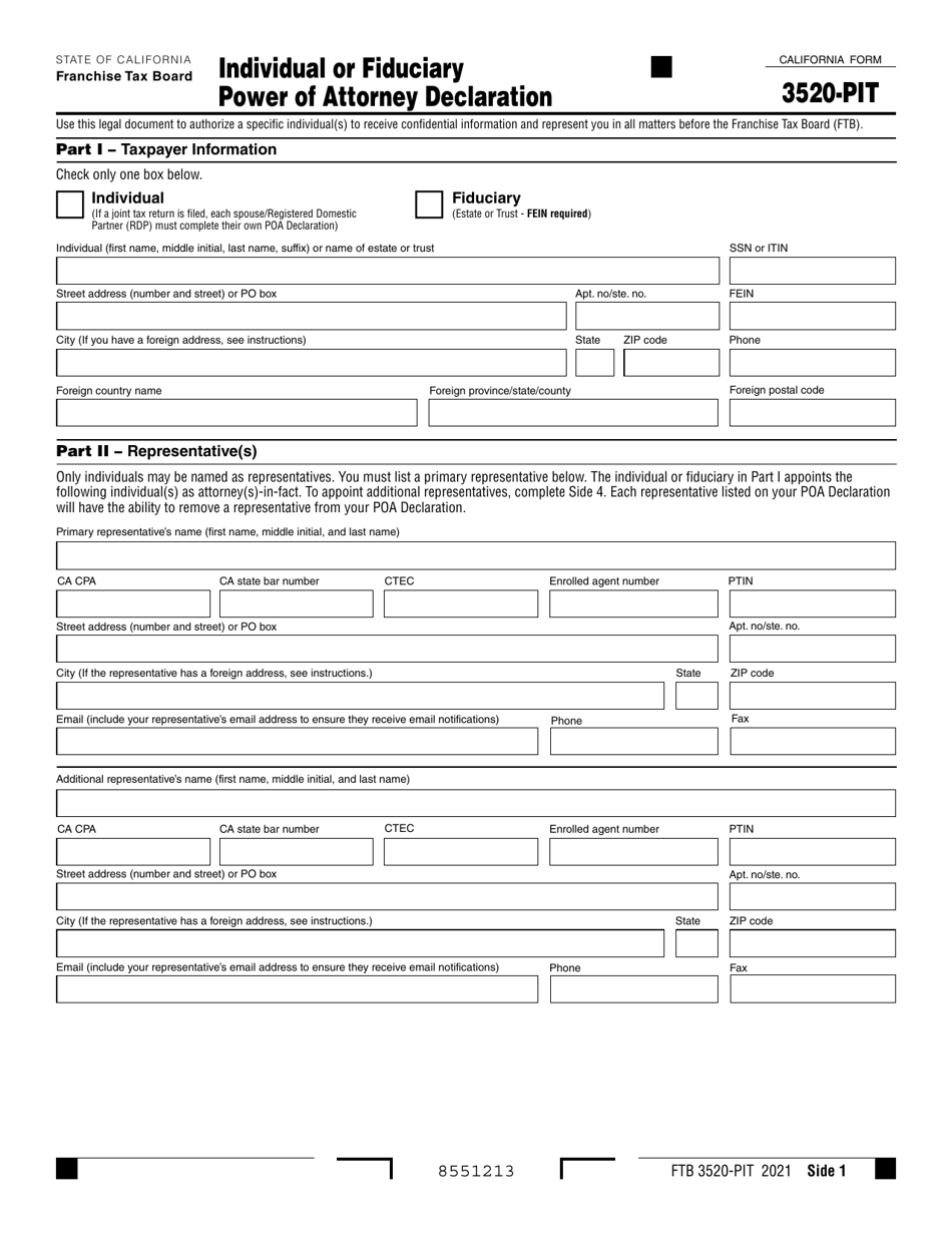 Form FTB3520-PIT Individual or Fiduciary Power of Attorney Declaration - California, Page 1