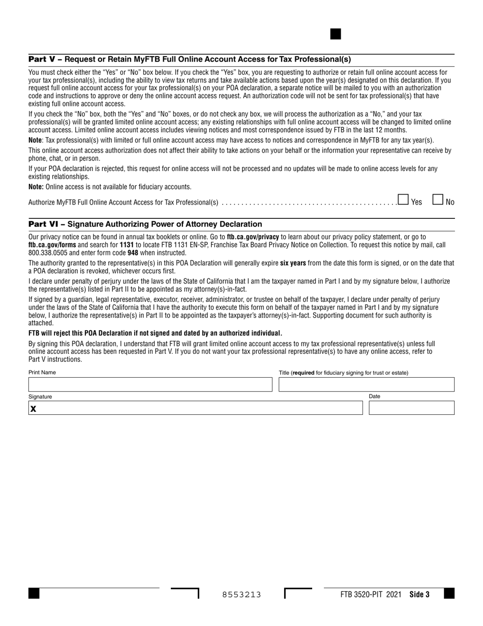 Form FTB3520-PIT Individual or Fiduciary Power of Attorney Declaration - California, Page 3
