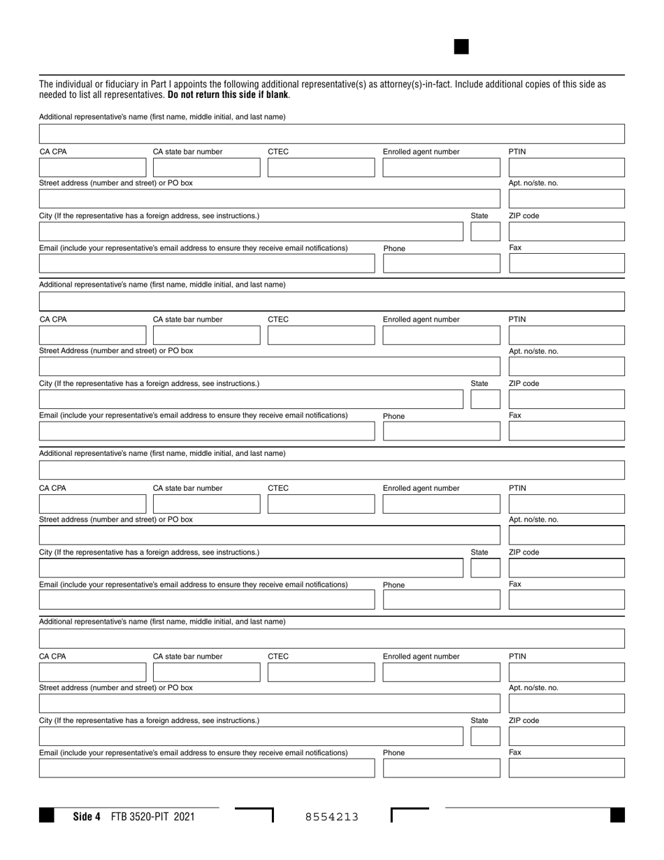 Form FTB3520-PIT Individual or Fiduciary Power of Attorney Declaration - California, Page 4
