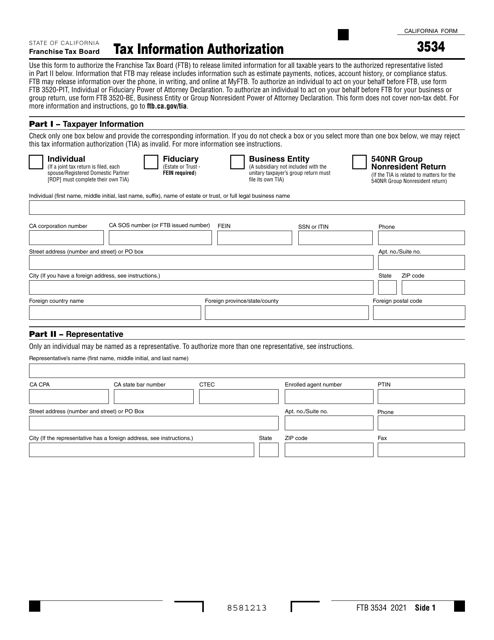 Form FTB3534 2021 Printable Pdf