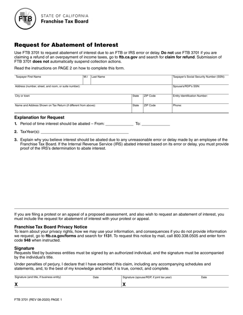 Form FTB3701 Request for Abatement of Interest - California