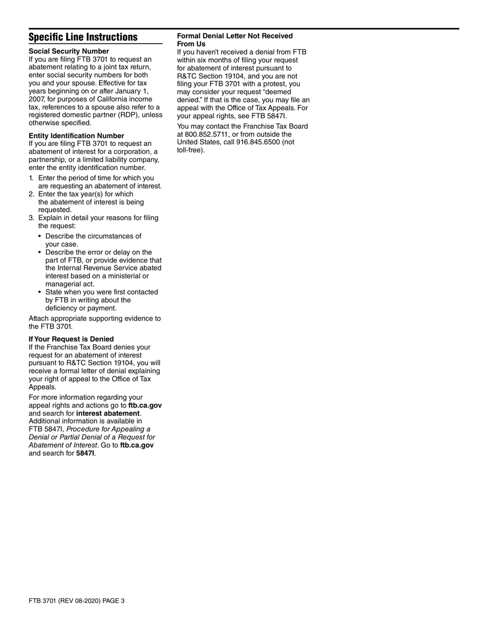 Form FTB3701 Request for Abatement of Interest - California, Page 3