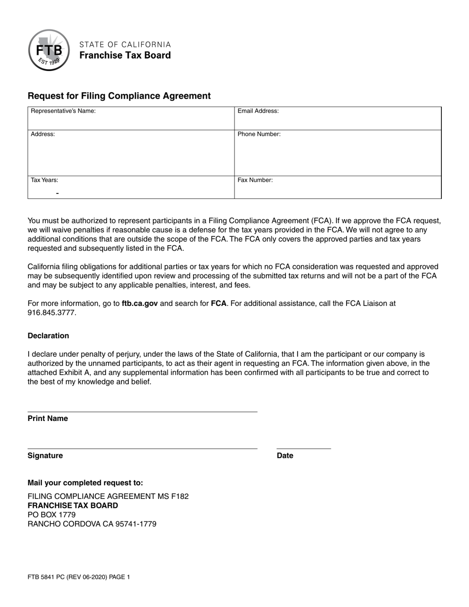 Form FTB5841 Request for Filing Compliance Agreement - California, Page 1