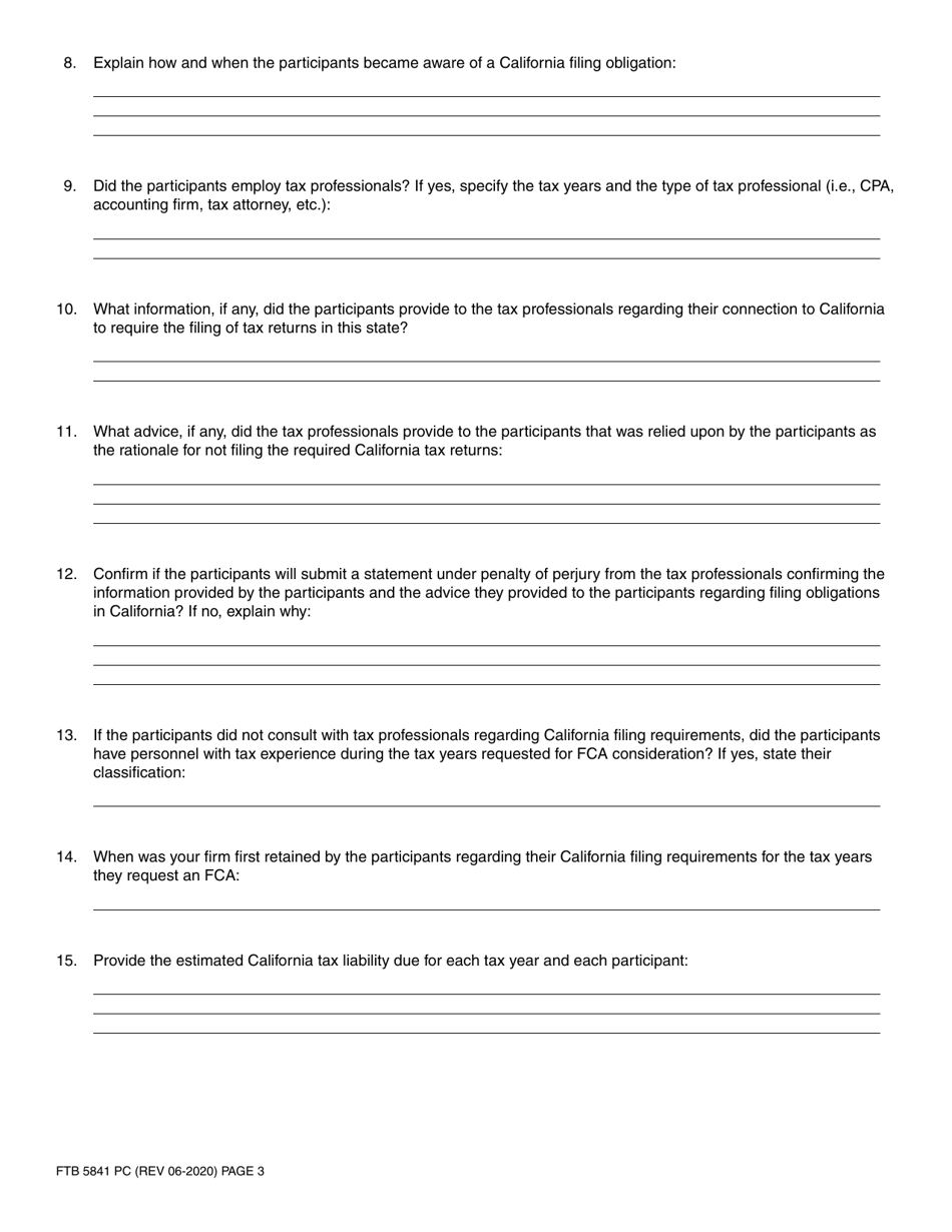 Form FTB5841 Request for Filing Compliance Agreement - California, Page 3
