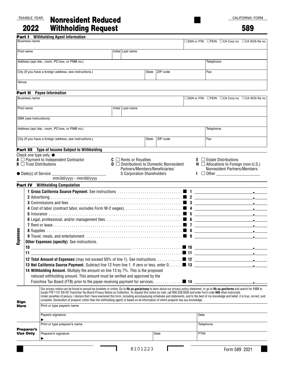 Form 589 Nonresident Reduced Withholding Request - California, Page 1