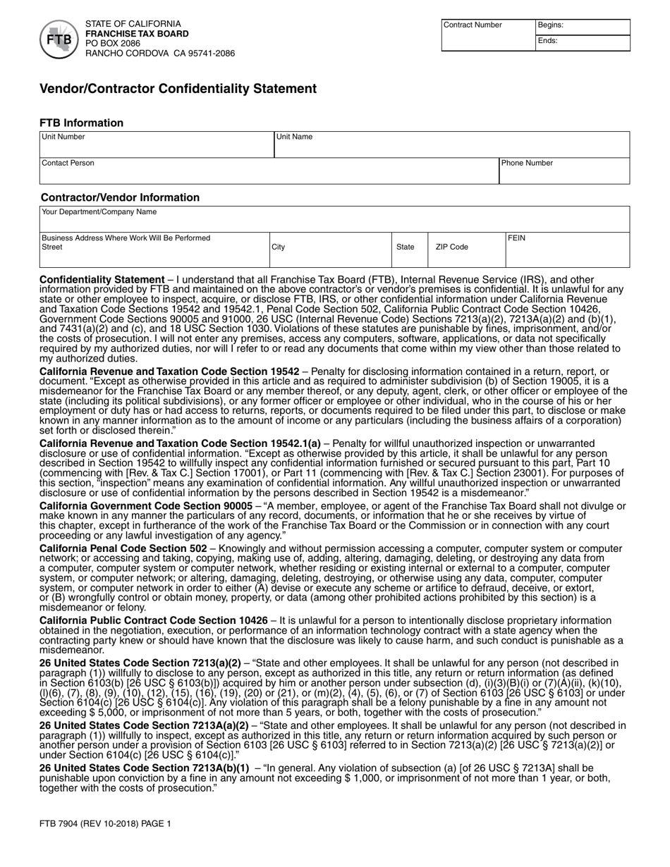 Form FTB7904 Vendor / Contractor Confidentiality Statement - California, Page 1