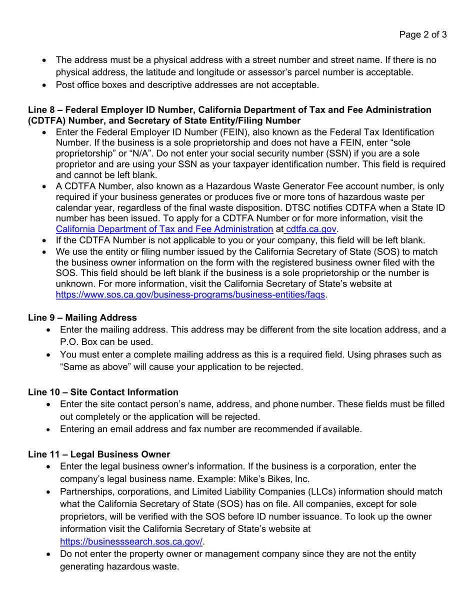 DTSC Form 1358 Permanent State Id Number Application - California, Page 2