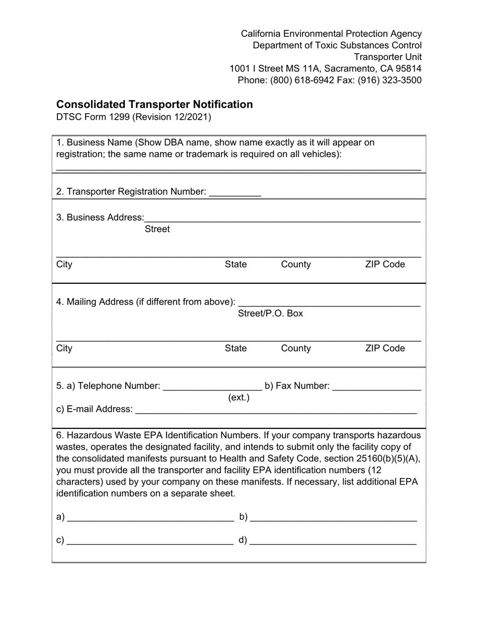 DTSC Form 1299 Consolidated Transporter Notification - California, Page 1