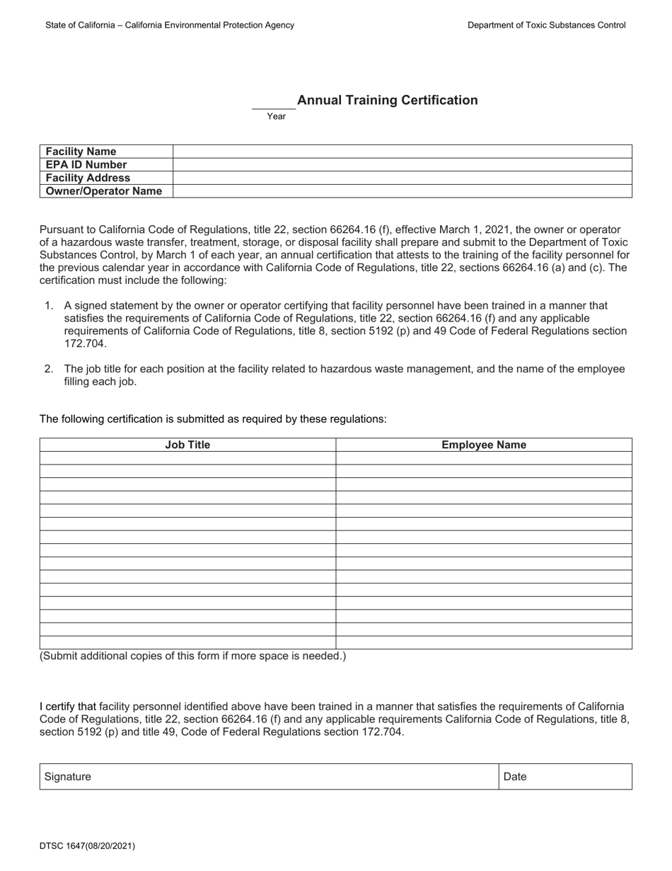 DTSC Form 1647 Annual Training Certification - California, Page 1