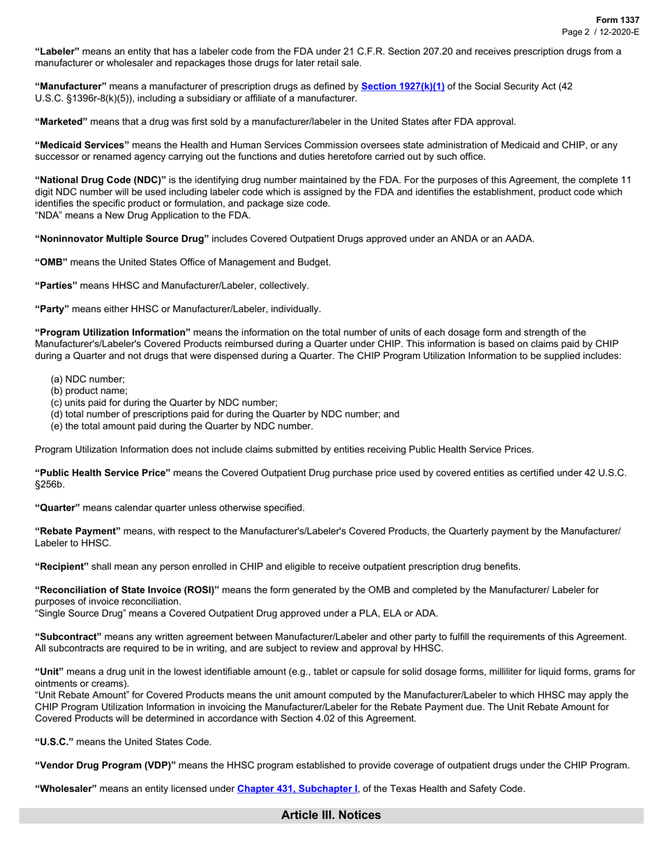 Form 1337 Chip Drug Rebate Agreement - Texas, Page 2