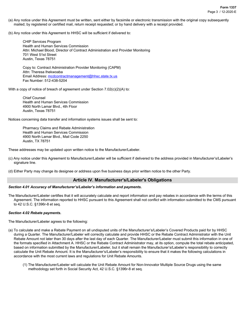 Form 1337 Chip Drug Rebate Agreement - Texas, Page 3