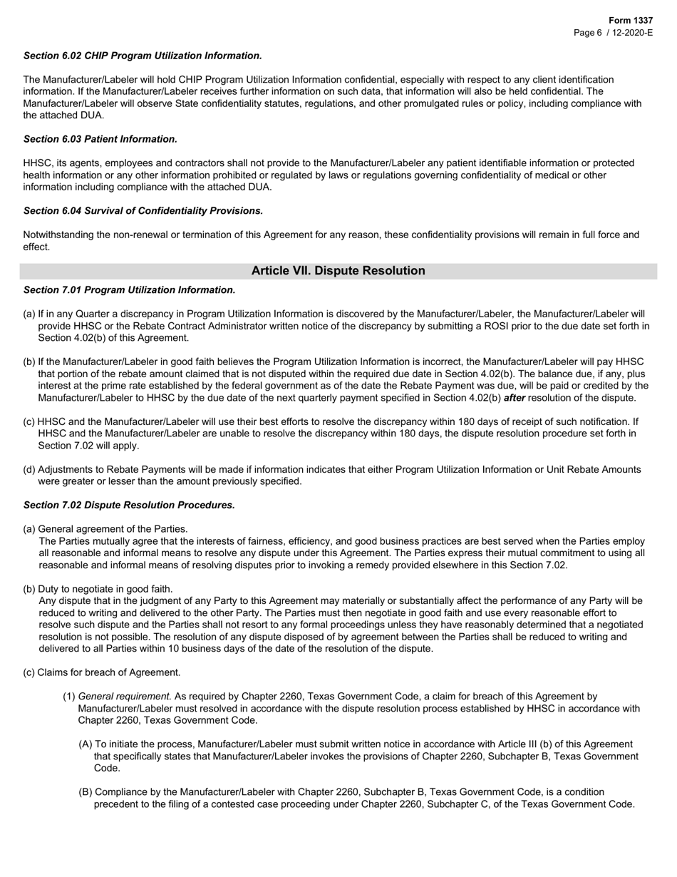 Form 1337 Chip Drug Rebate Agreement - Texas, Page 6