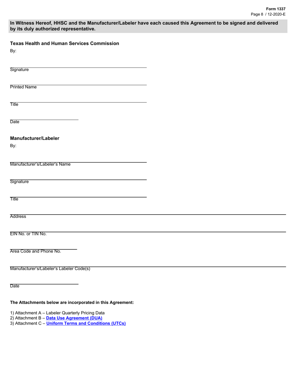 Form 1337 Chip Drug Rebate Agreement - Texas, Page 8