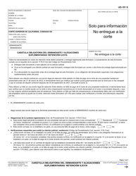 Formulario UD-101 &quot;Caratula Obligatoria Del Demandante Y Alegaciones Suplementarias: Retencion Ilicita&quot; - California (Spanish)