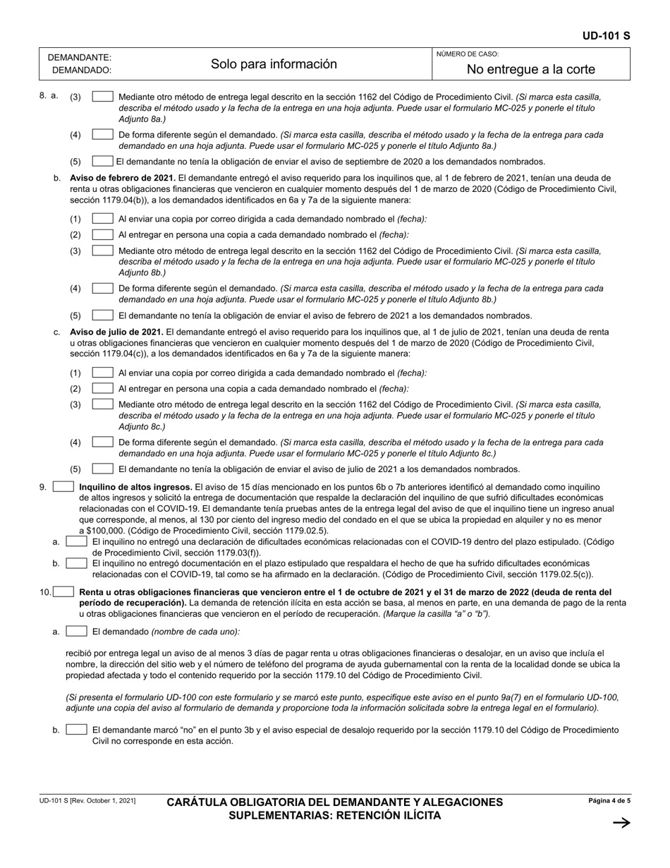 Formulario UD-101 Caratula Obligatoria Del Demandante Y Alegaciones Suplementarias: Retencion Ilicita - California (Spanish), Page 4