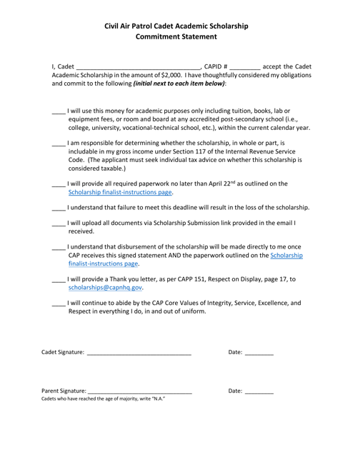 Civil Air Patrol Cadet Academic Scholarship Commitment Statement