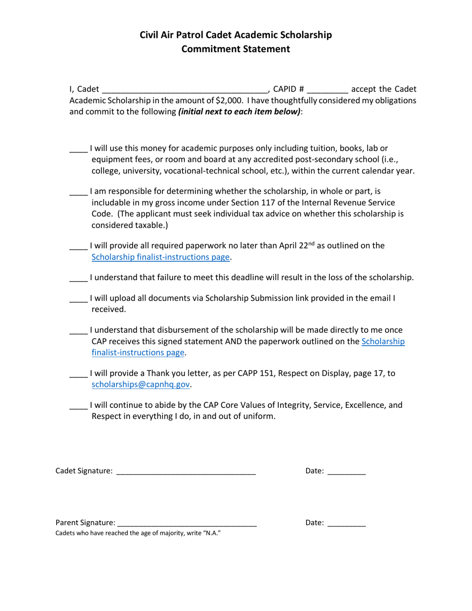 Civil Air Patrol Cadet Academic Scholarship Commitment Statement, Page 1