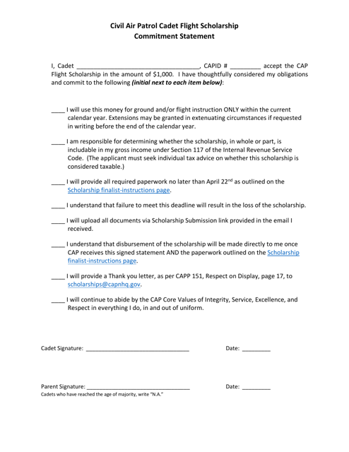 Civil Air Patrol Cadet Flight Scholarship Commitment Statement Download Pdf
