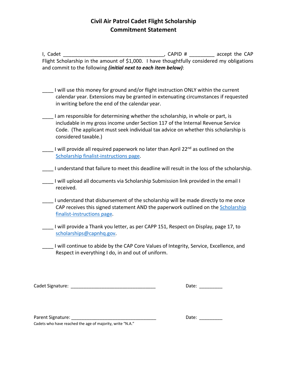 Civil Air Patrol Cadet Flight Scholarship Commitment Statement, Page 1