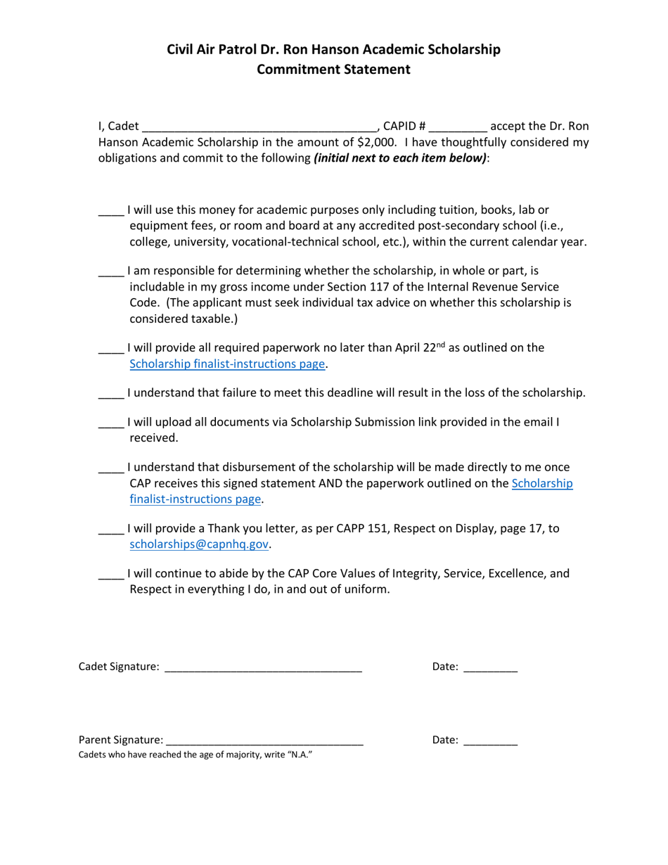 Civil Air Patrol Dr. Ron Hanson Academic Scholarship Commitment Statement, Page 1
