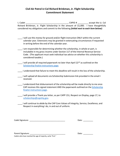 Civil Air Patrol LT COL Richard Brinkman, Jr. Flight Scholarship Commitment Statement Download Pdf