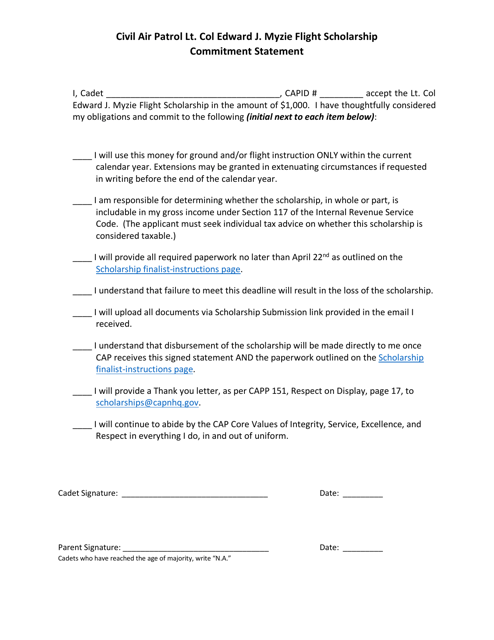 Civil Air Patrol LT. COL Edward J. Myzie Flight Scholarship Commitment Statement Download Pdf