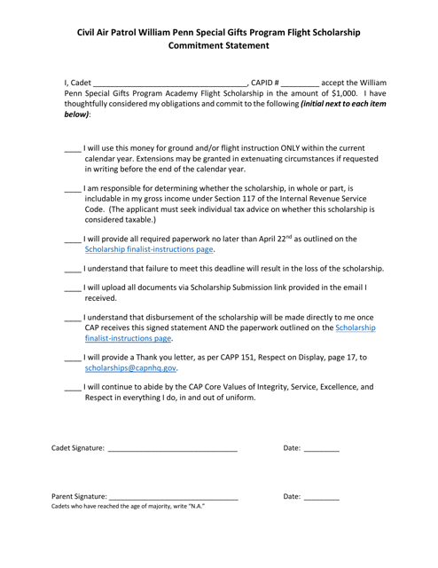 Civil Air Patrol William Penn Special Gifts Program Flight Scholarship Commitment Statement Download Pdf