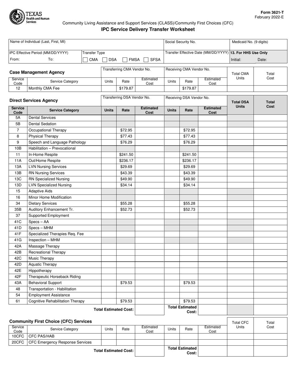 Form 3621-T Ipc Service Delivery Transfer Worksheet - Community Living Assistance and Support Services (Class) / Community First Choices (Cfc) - Texas, Page 1