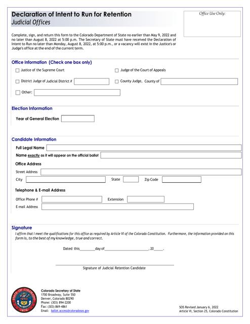 Declaration of Intent to Run for Retention - Judicial Offices - Colorado Download Pdf