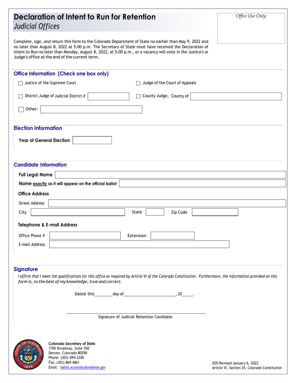 Declaration of Intent to Run for Retention - Judicial Offices - Colorado, Page 1