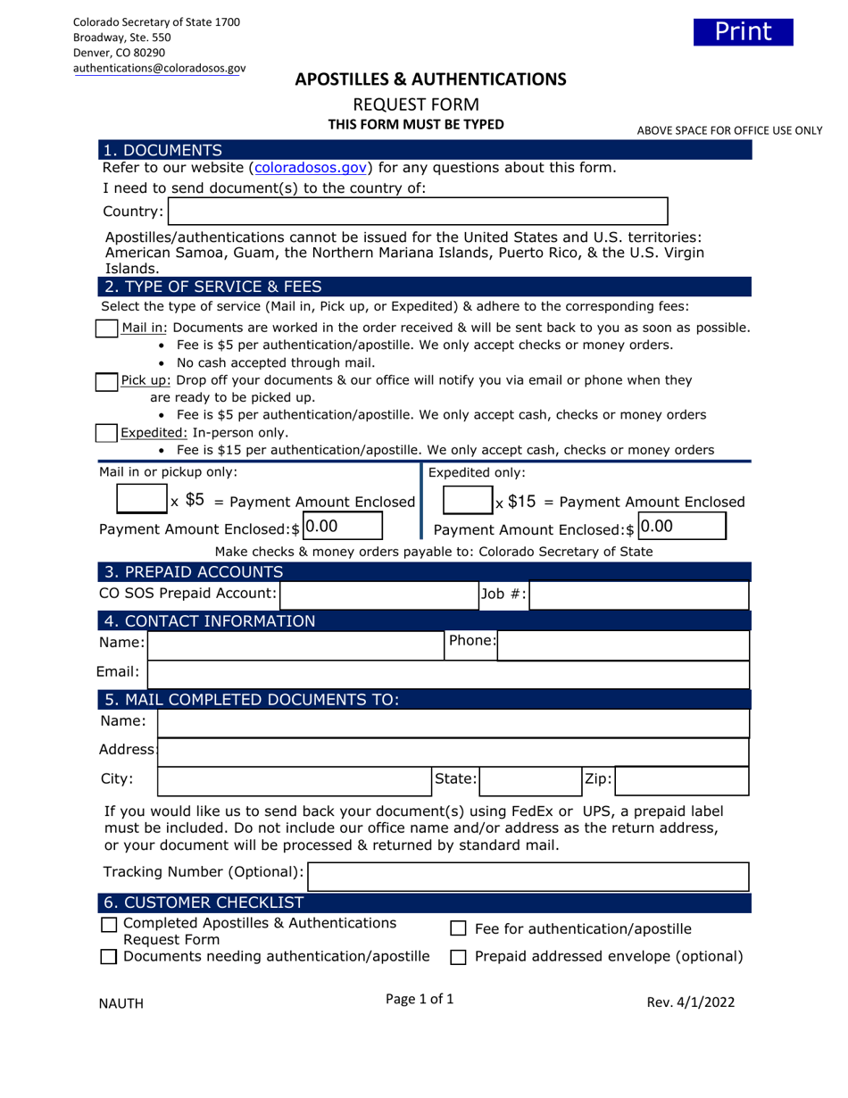 Apostilles  Authentications Request Form - Colorado, Page 1