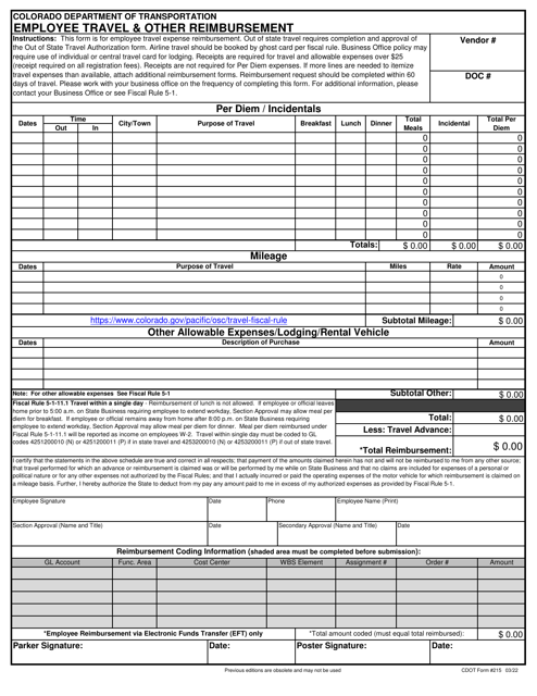 CDOT Form 215  Printable Pdf