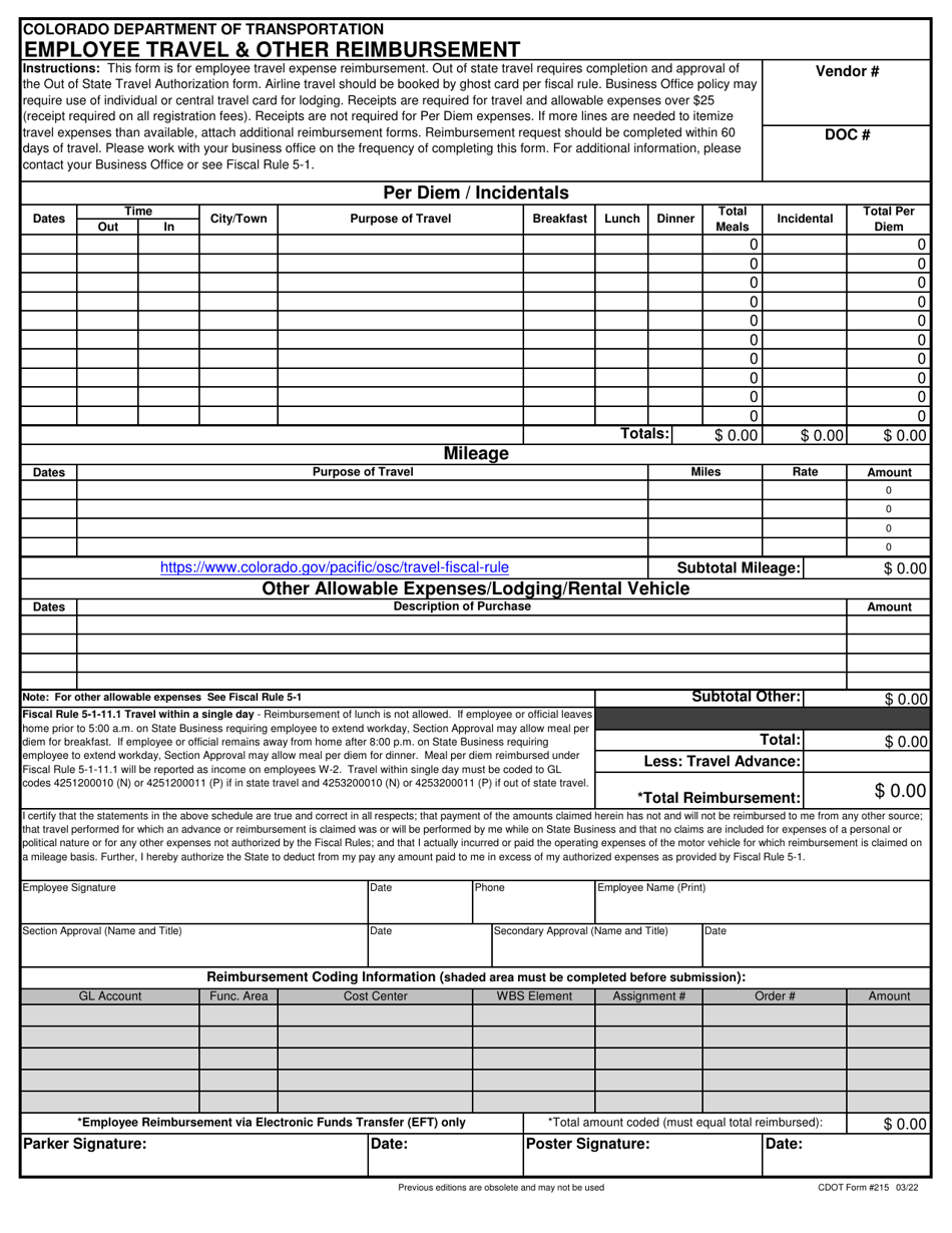 CDOT Form 215 Employee Travel  Other Reimbursement - Colorado, Page 1