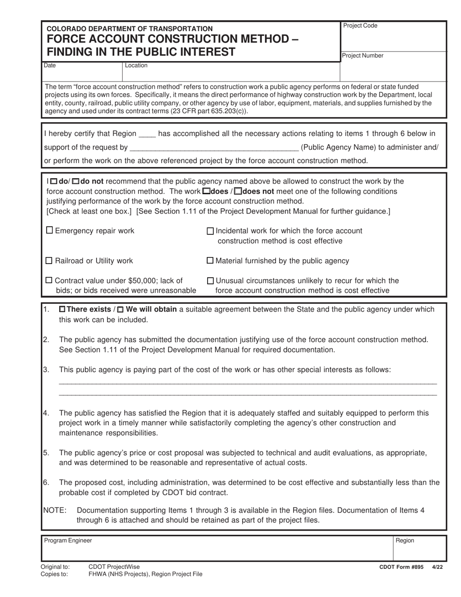 CDOT Form 895 Force Account Construction Method - Finding in the Public Interest - Colorado, Page 1