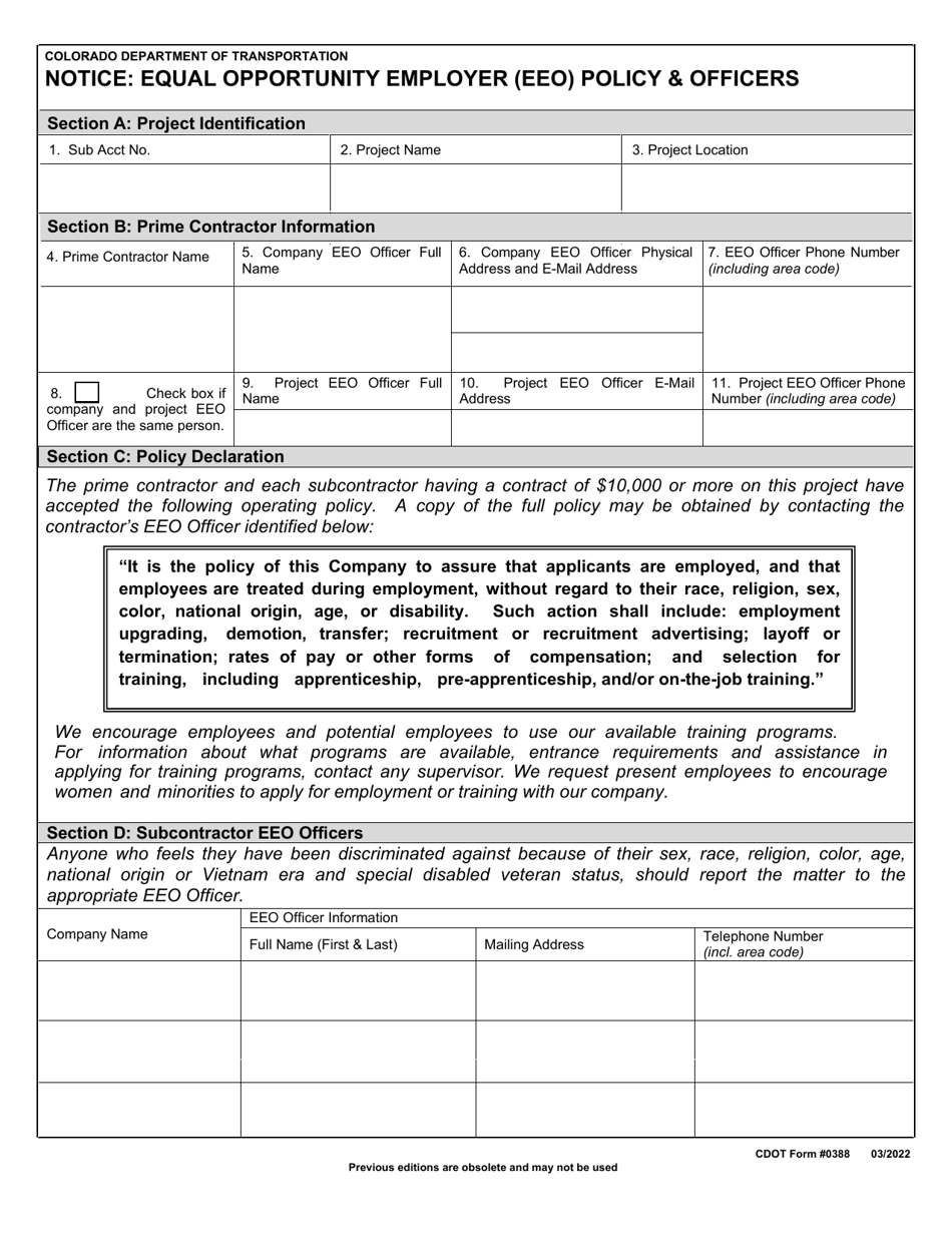 CDOT Form 0388 Notice: Equal Opportunity Employer (EEO) Policy  Officers - Colorado, Page 1