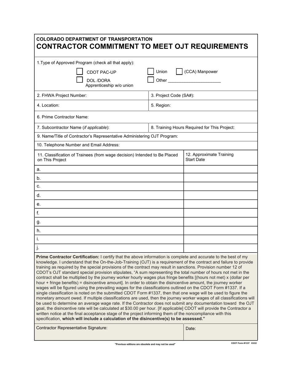 CDOT Form 1337 Contractor Commitment to Meet Ojt Requirements - Colorado, Page 1