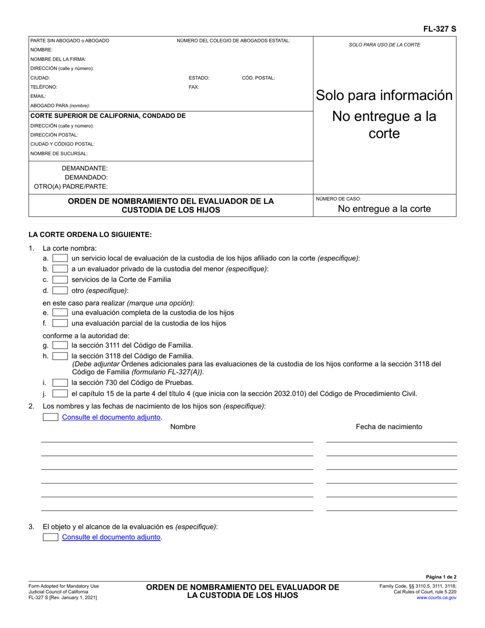 Formulario FL-327 Orden De Nombramiento Del Evaluador De La Custodia De Los Hijos - California (Spanish), Page 1