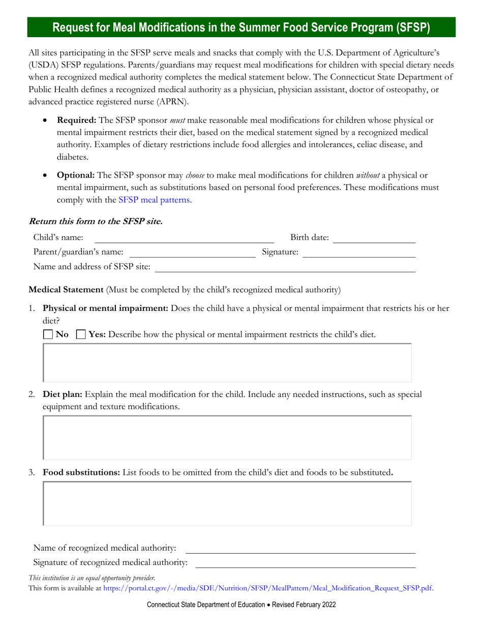 Request for Meal Modifications in the Summer Food Service Program (Sfsp) - Connecticut, Page 1